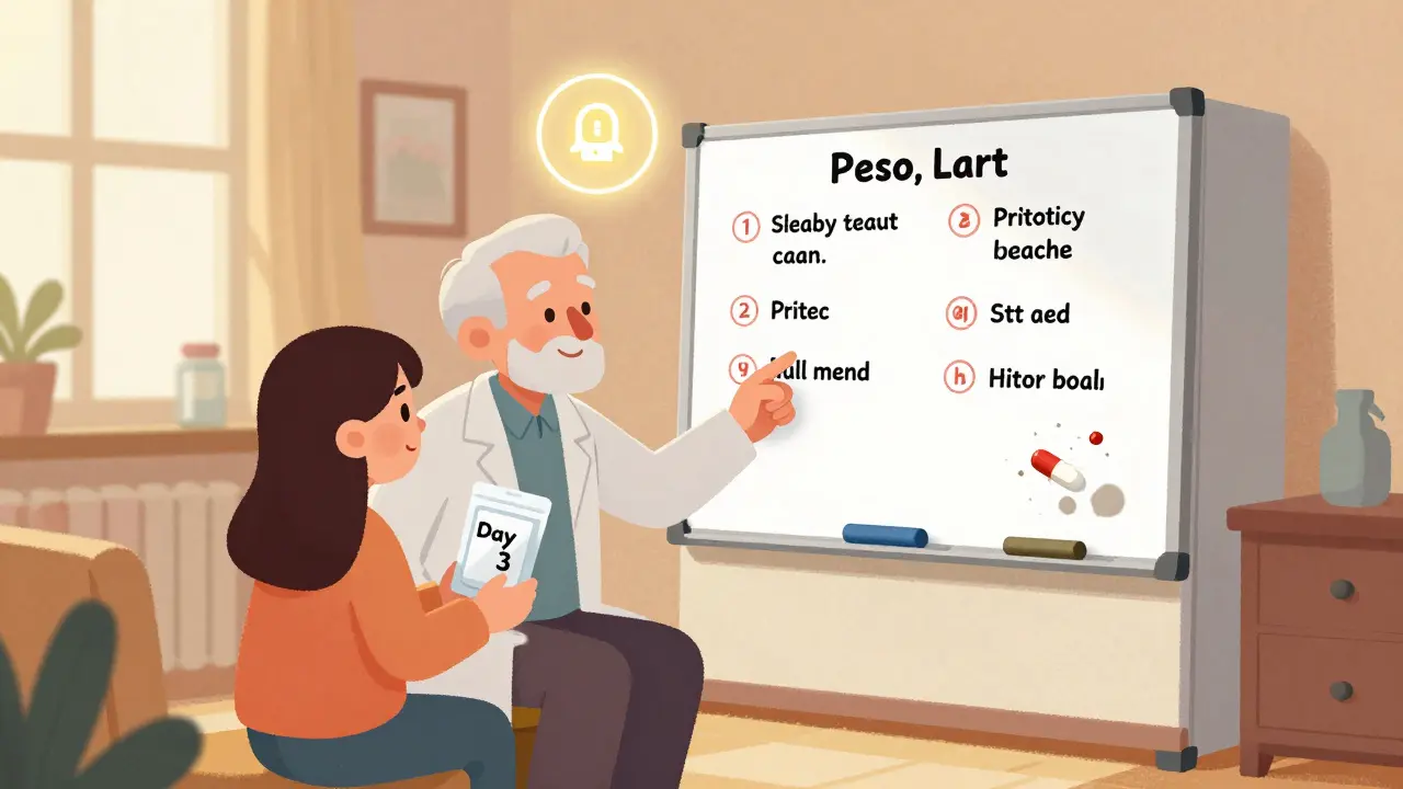 A pharmacist and family reviewing medications on a fridge whiteboard, with a single-dose pouch in hand.