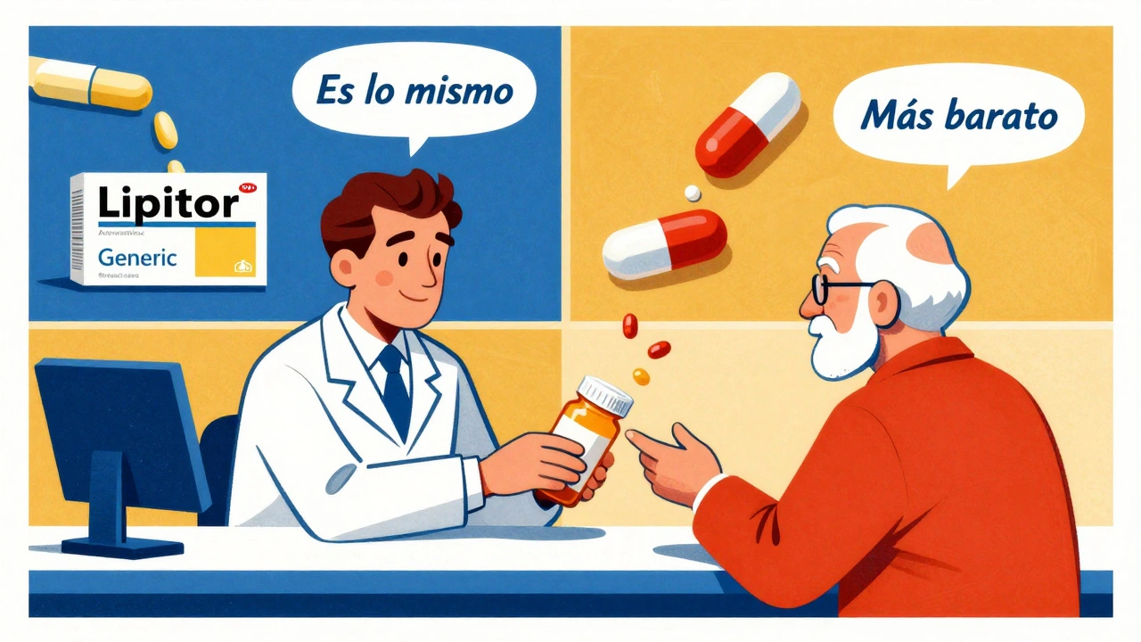 A pharmacist gives a pill bottle to an elderly patient while floating visuals show brand and generic drugs are identical.