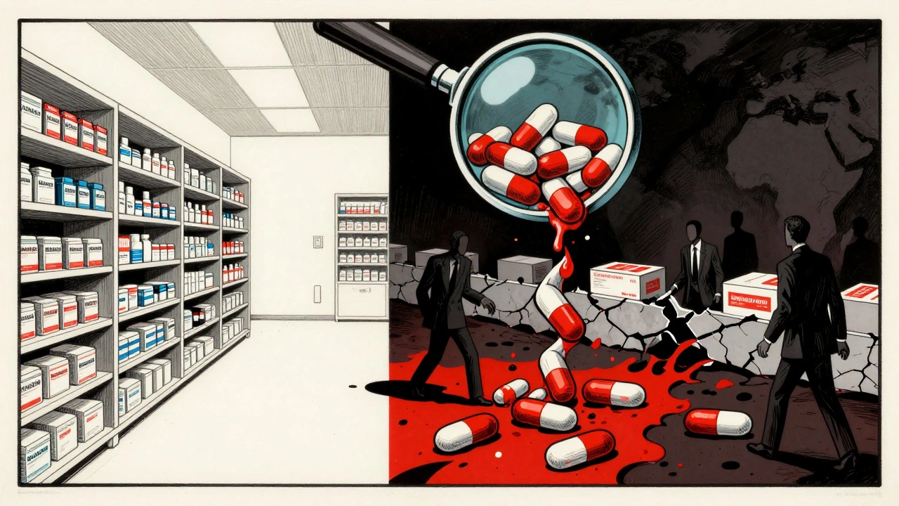 A pharmacy shelf contrasts with melting counterfeit pills in a dark abyss, symbolizing supply chain fraud.