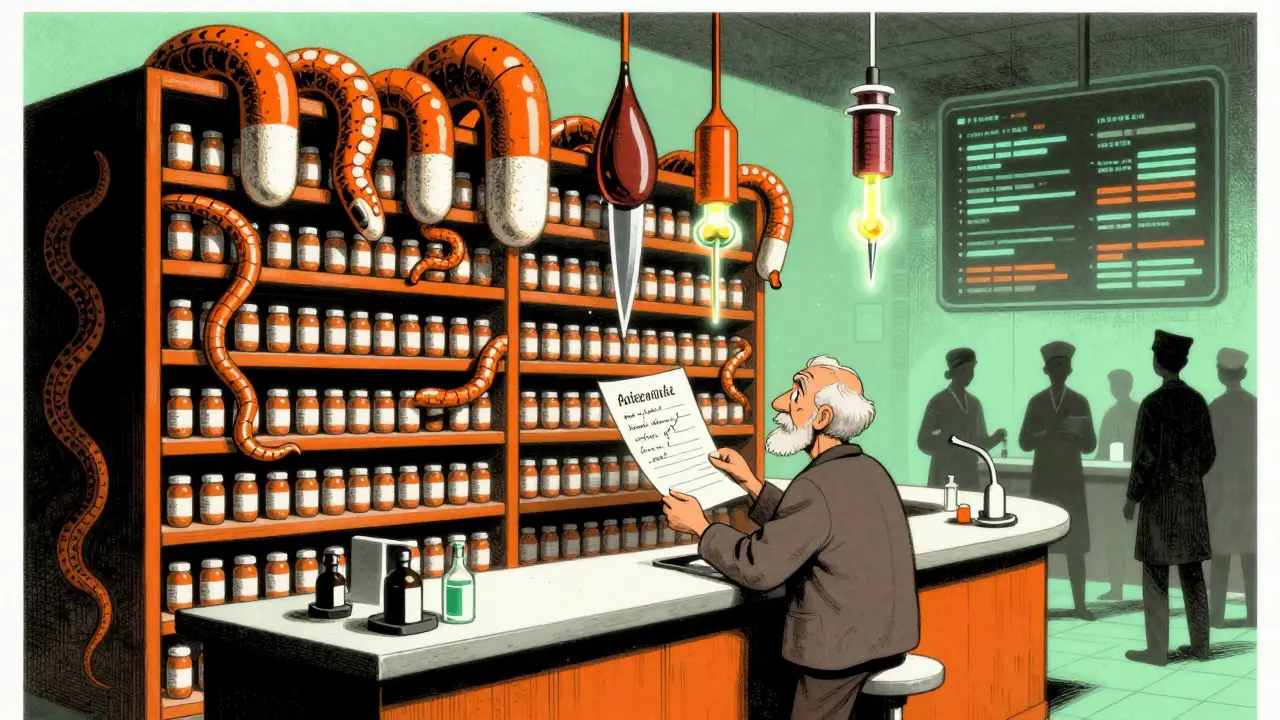 A surreal pharmacy with pill-shaped monsters and a confused patient holding a floating medication list.