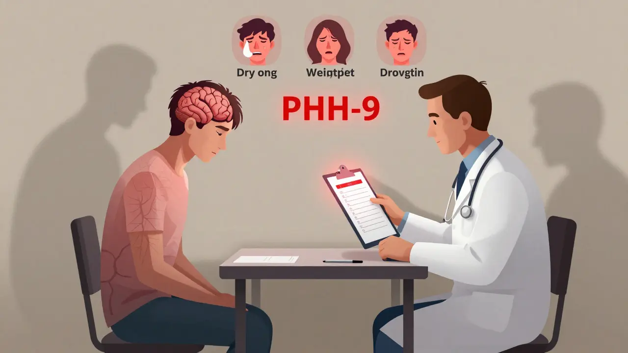 A transparent patient reveals a fractured brain as floating side effect icons hover above, while a doctor holds a red PHQ-9 score.