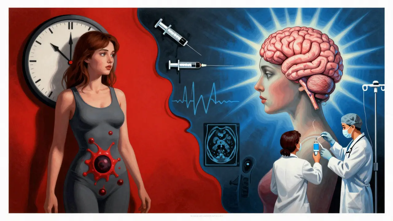 A woman with a tumor shadow and medical treatment symbols, depicted in a dramatic split scene with a melting clock.
