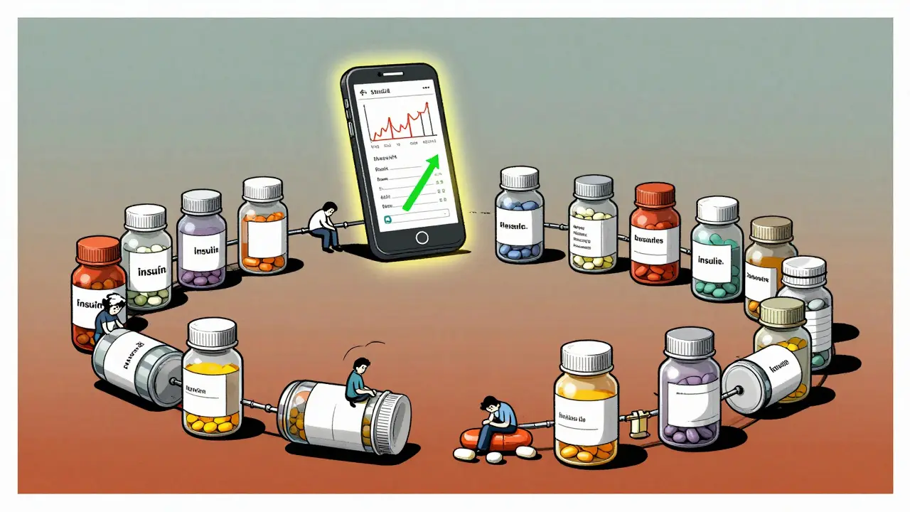 Broken pill bottles form a chain with weary figures inside, while a smartphone app shows a rising mood graph symbolizing hope.