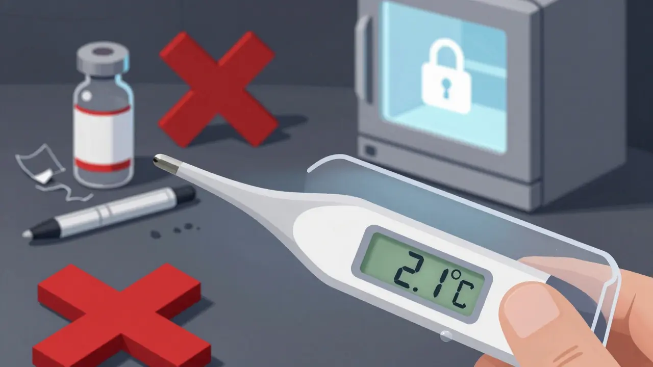 Digital thermometer shows safe temperature inside a medication box, with ruined vials nearby.