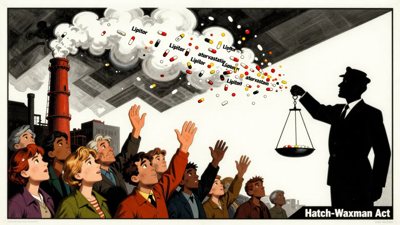 Factory chimney emitting pills that transform from branded to generic as they fall, with patients reaching up below.