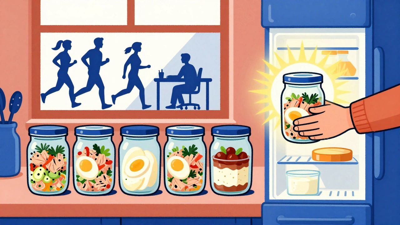Glass jars of prepped snacks arranged in a mosaic on a kitchen counter, with a glowing sunburst behind an open fridge.
