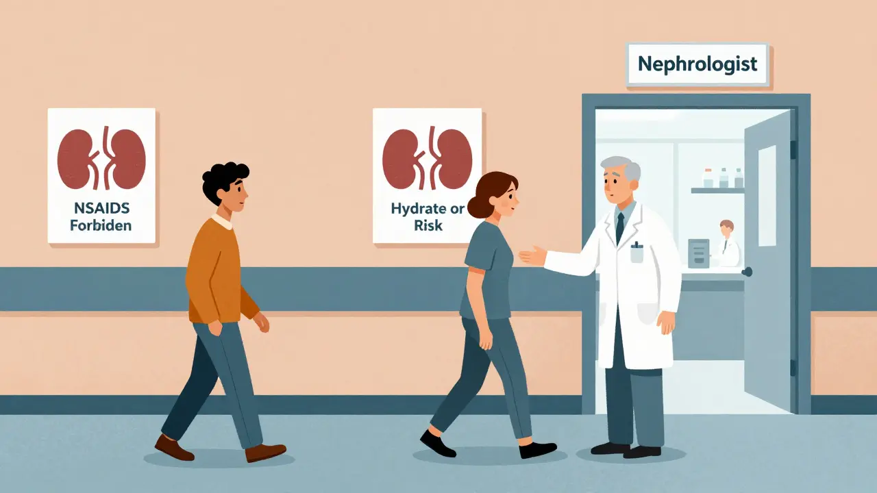 Hospital hallway with warning signs for kidney damage, guided toward nephrologist care in poster art style.
