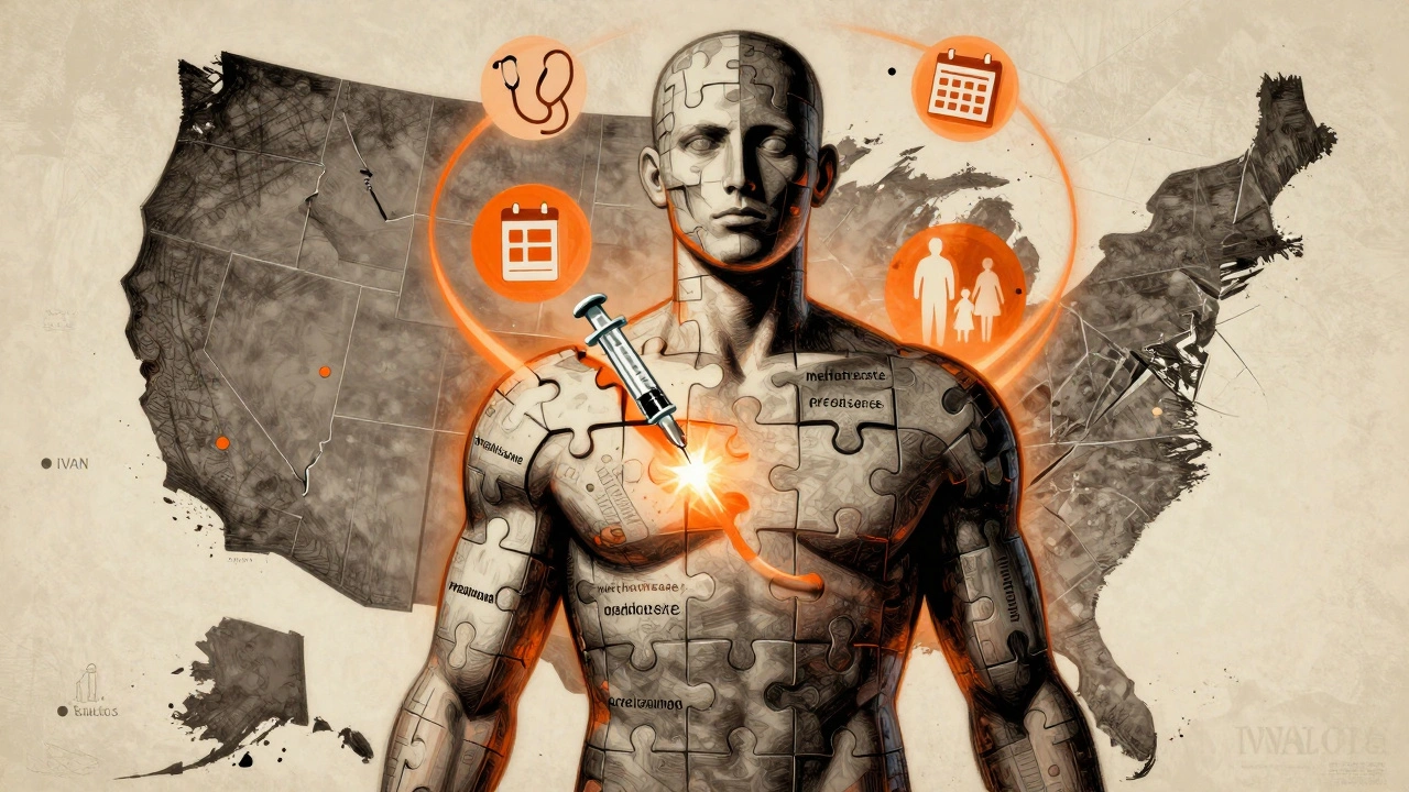 Human torso made of medication puzzle pieces with vaccine replacing one missing piece, surrounded by medical icons.