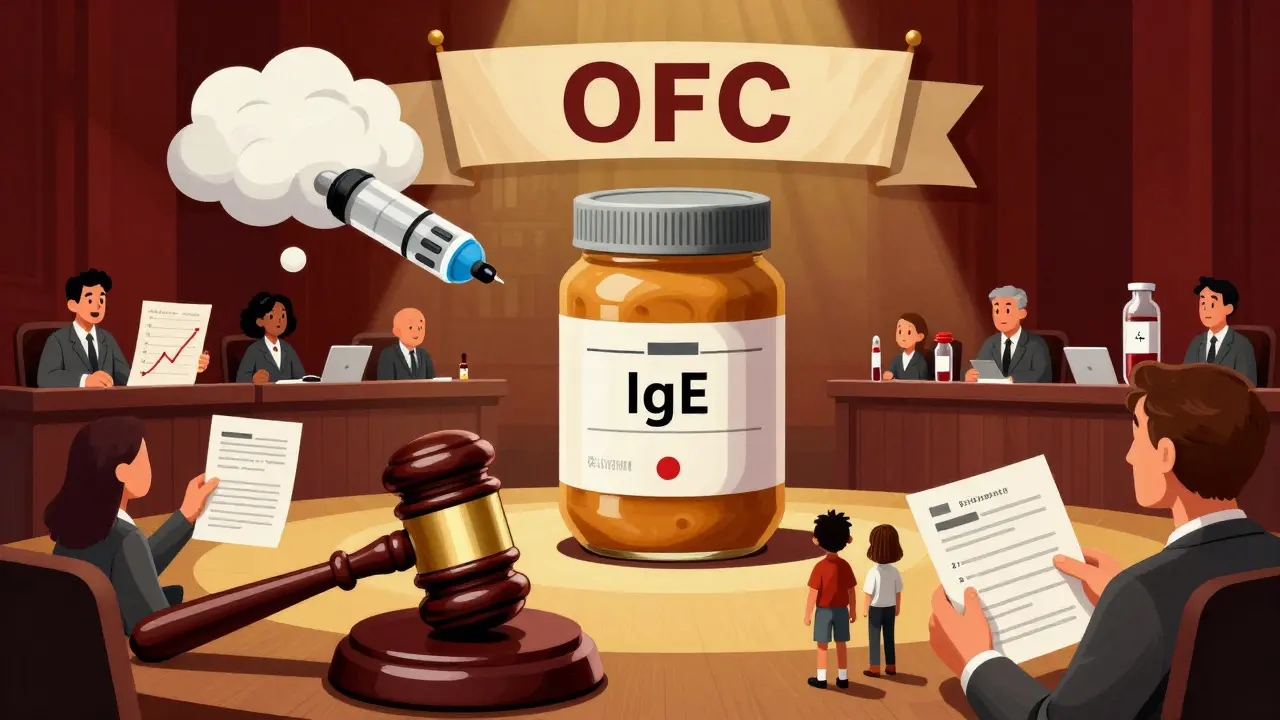 Oral food challenge symbolized as a courtroom trial where medical tests are judged and overturned.