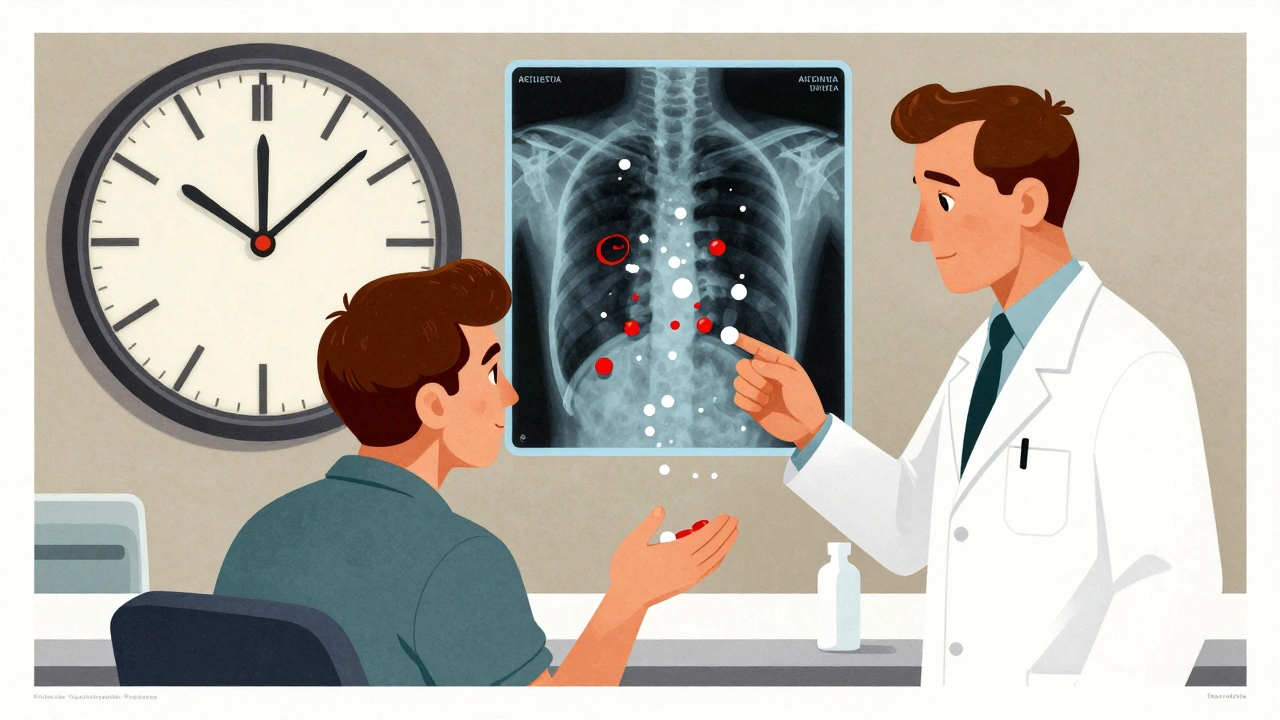 Patient receiving generic pill with transparent view of active ingredient and allergen particles, stylized clock with prescription hands.