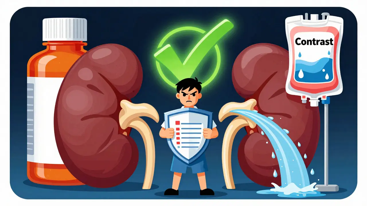 Patient shielding themselves from nephrotoxic drugs with hydration and knowledge, stylized illustration.