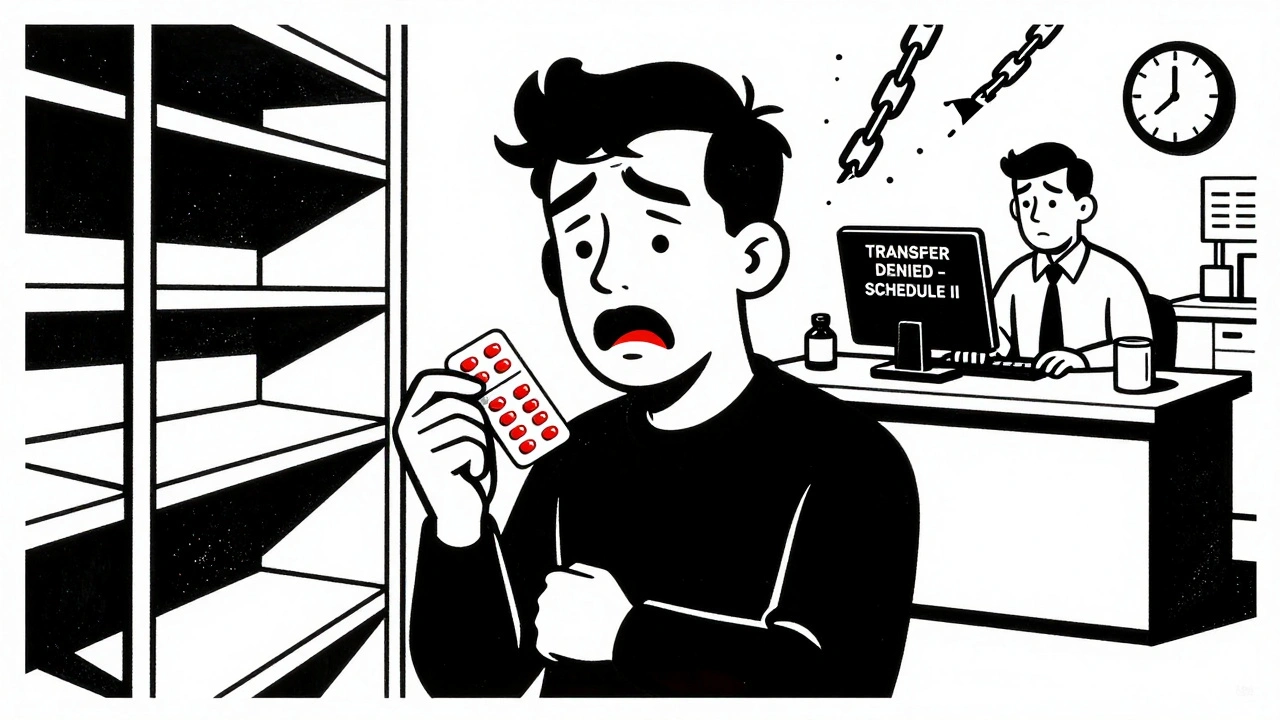 Patient with emergency pills beside empty shelf, pharmacist seeing &#039;TRANSFER DENIED&#039; on screen with ticking clock.