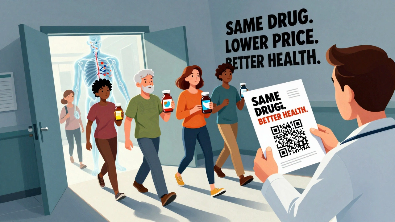 Patients entering clinic with generic bottles, glowing X-ray shows identical drug molecules in bloodstream, poster typography.
