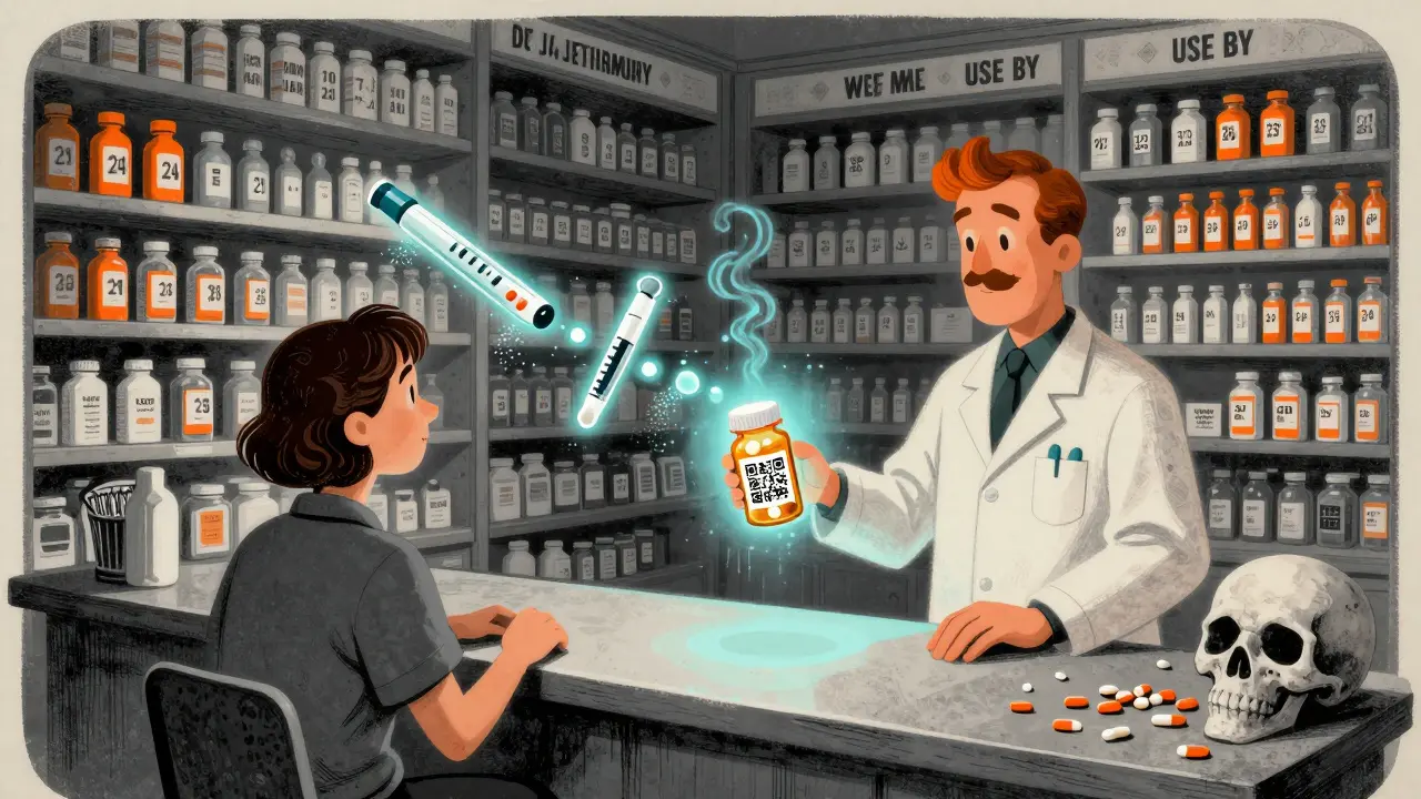 Pharmacist handing a glowing QR code bottle, with floating timelines of expired drugs behind.