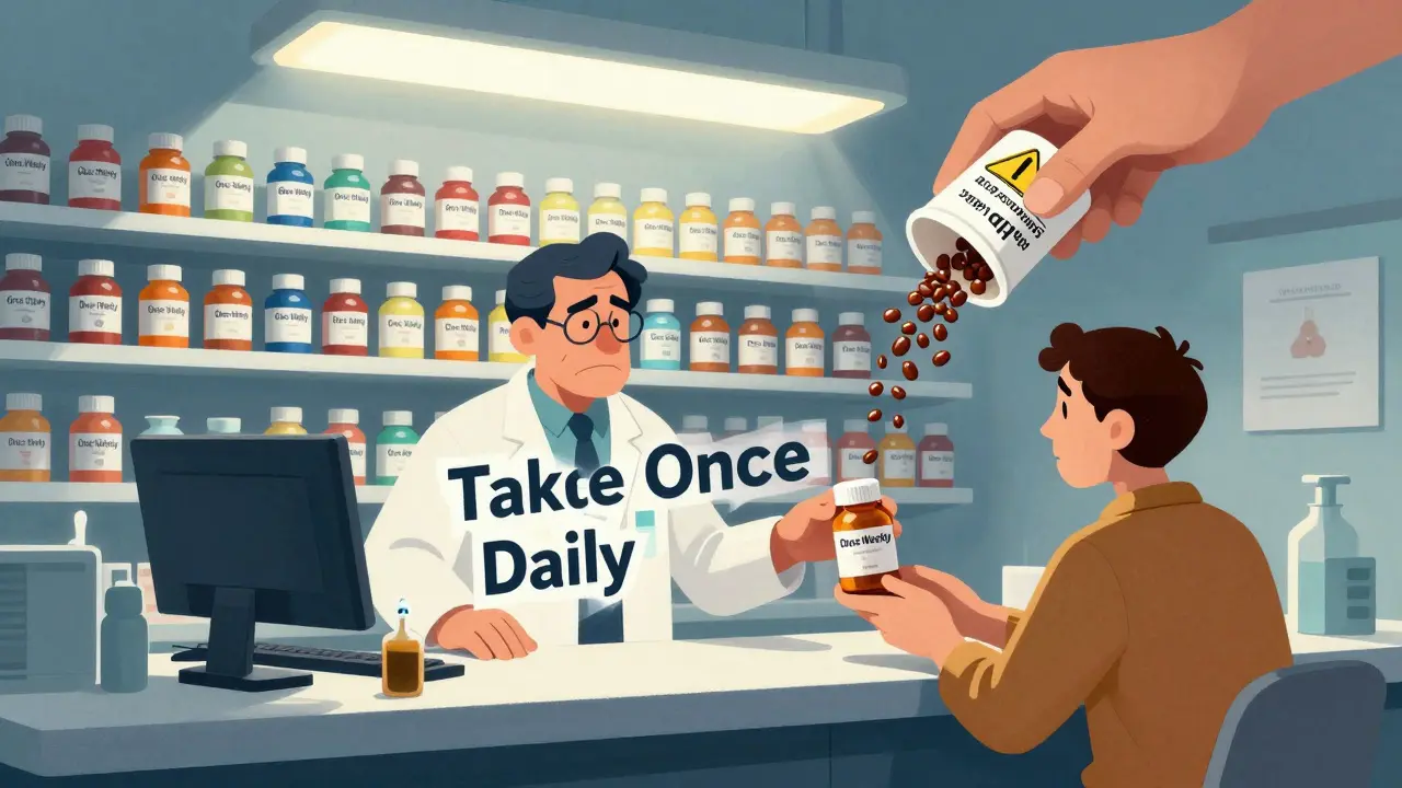 Pharmacist handing a mislabeled pill bottle to a confused patient under harsh lights in stylized illustration.