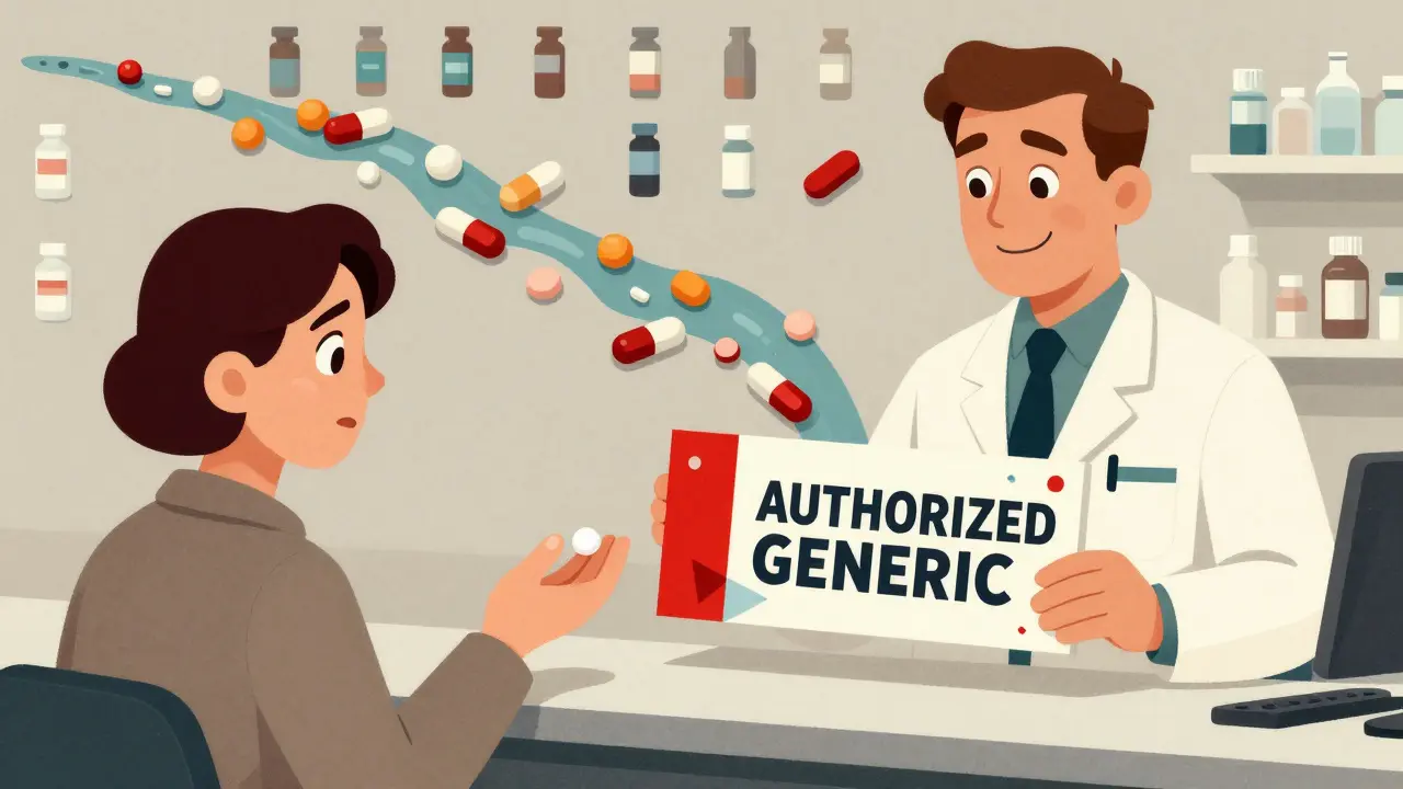 Pharmacist handing a white pill to a concerned patient, with 'AUTHORIZED GENERIC' label prominently displayed in stylized typography.