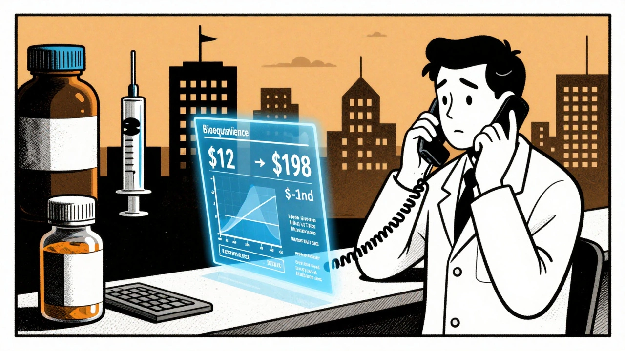 Pharmacist projecting cost and bioequivalence data above pharmacy counter, surreal pill-shaped city in background.