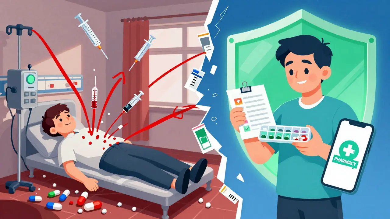 Split illustration: chaotic hospital vs. safe home medication use, showing contrast between error and prevention.