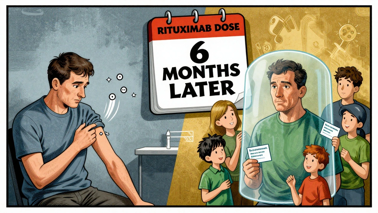 Split illustration showing vaccine timing during chemo and family protection with calendar and medical symbols.