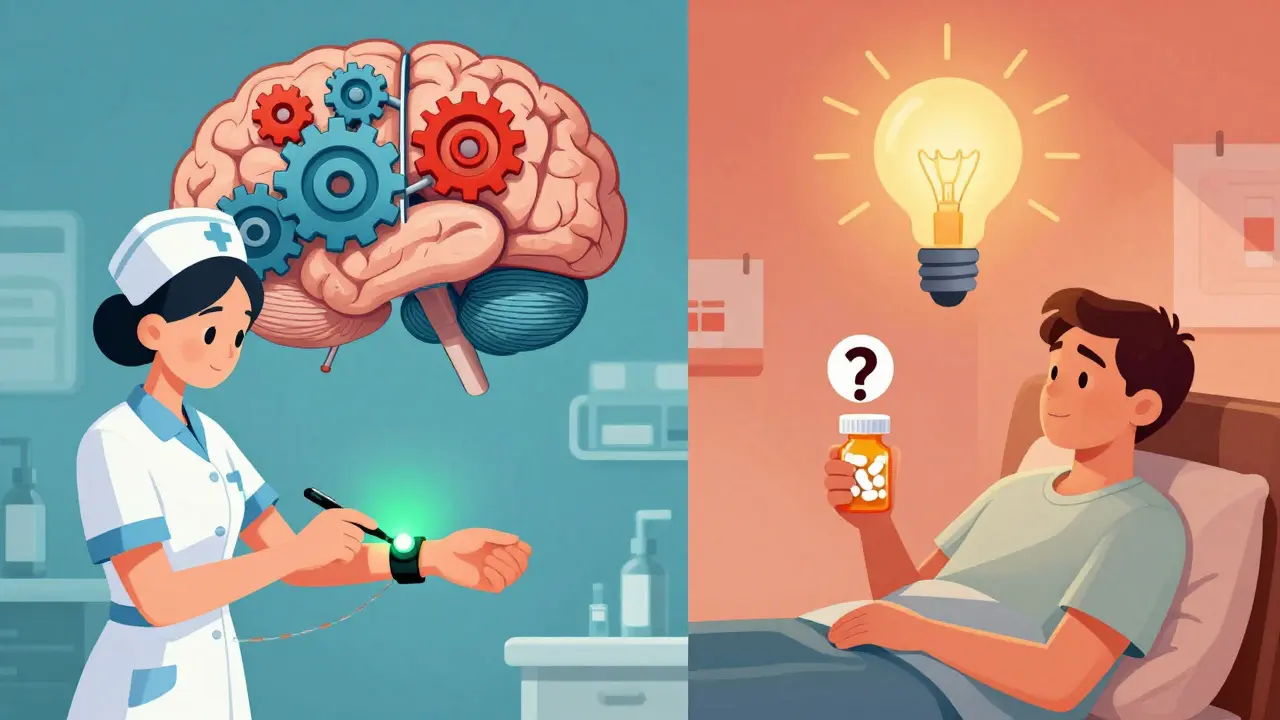 Split image: hospital safety system vs. lonely patient at home with uncertain medication in poster art style.