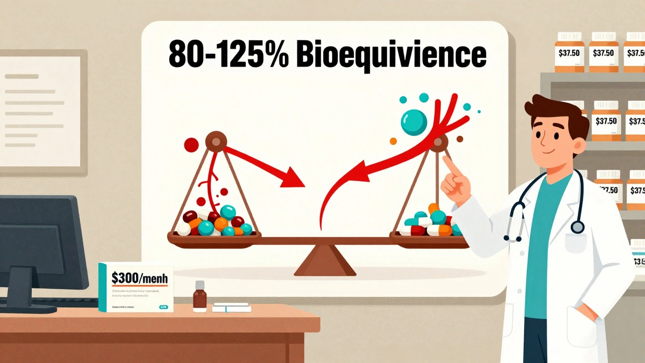Split office scene: expensive brand pills vs affordable generics, bioequivalence infographic with balanced seesaw.