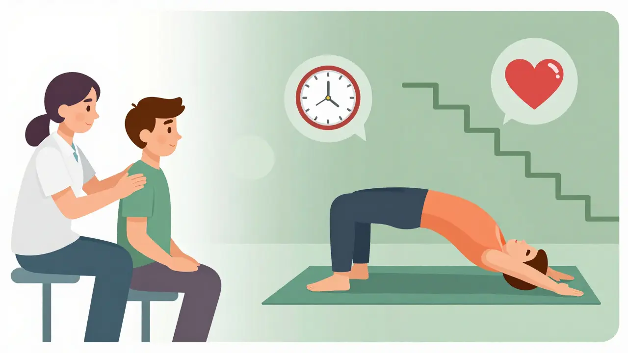 Split scene of a person receiving therapy in clinic and doing exercises at home, with symbolic icons of time, healing, and progress.