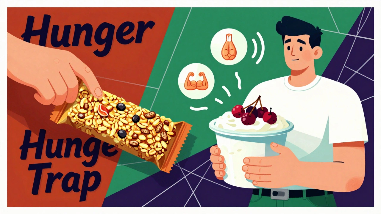 Split scene: one side shows a sugary snack causing hunger, the other shows cottage cheese with berries promoting fullness.