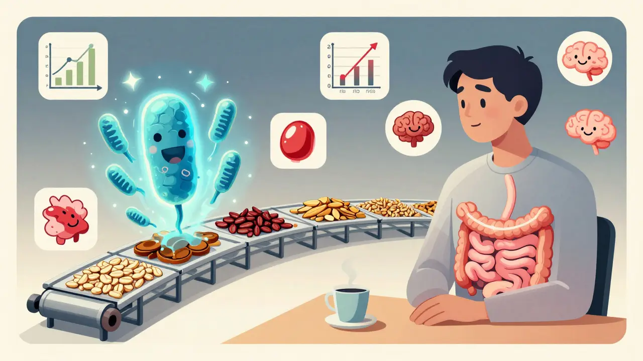 Transparent human figure showing balanced gut activity with soluble and insoluble fiber working together, surrounded by health icons in stylized poster design.