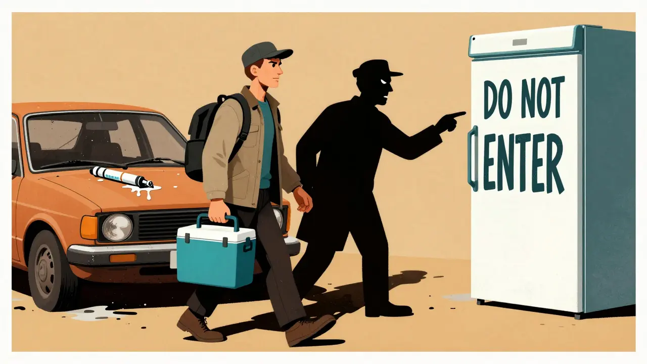 Traveler carrying a pharmaceutical cooler while a frozen insulin pen melts in a hot car.