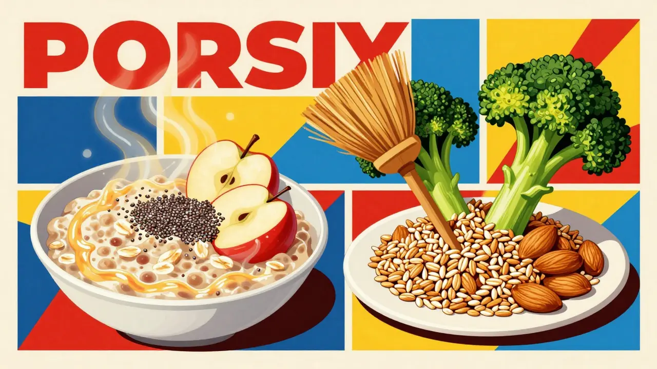 Two food plates: one with gel-forming soluble fiber foods, the other with bulk-adding insoluble fiber foods, illustrated in vibrant Polish poster style.