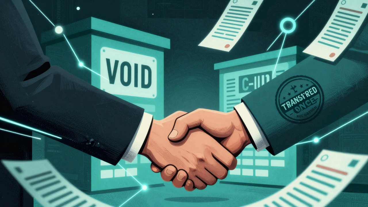 Two pharmacies exchanging a prescription via glowing digital lines, one label marked VOID, the other TRANSFERRED.