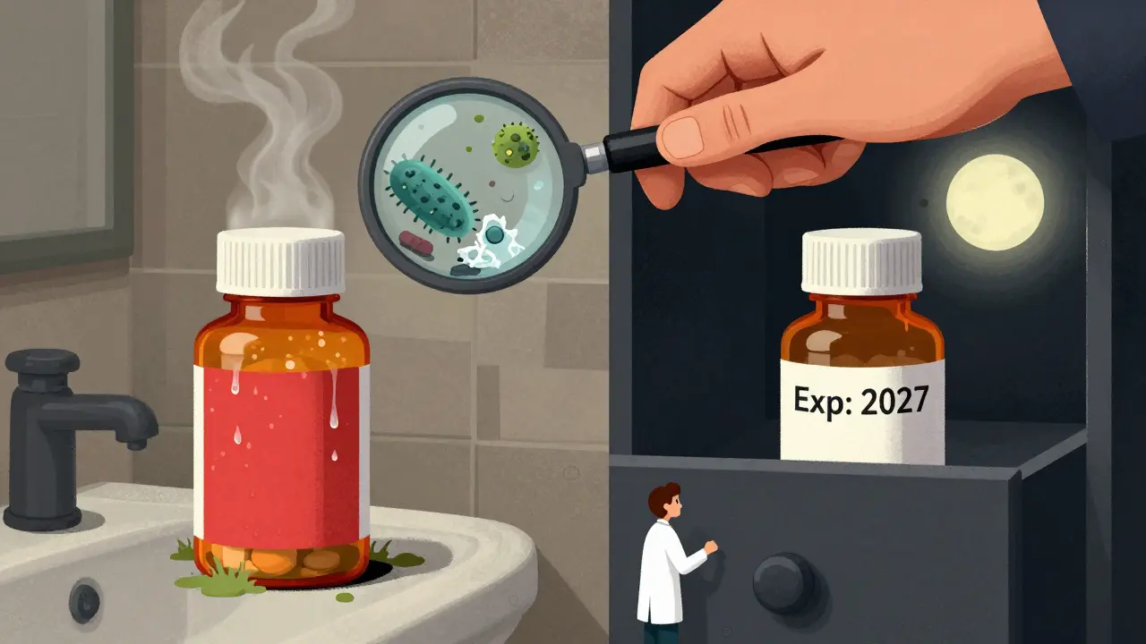 Two pill bottles side by side: one ruined by bathroom humidity, one safely stored in a dark drawer.