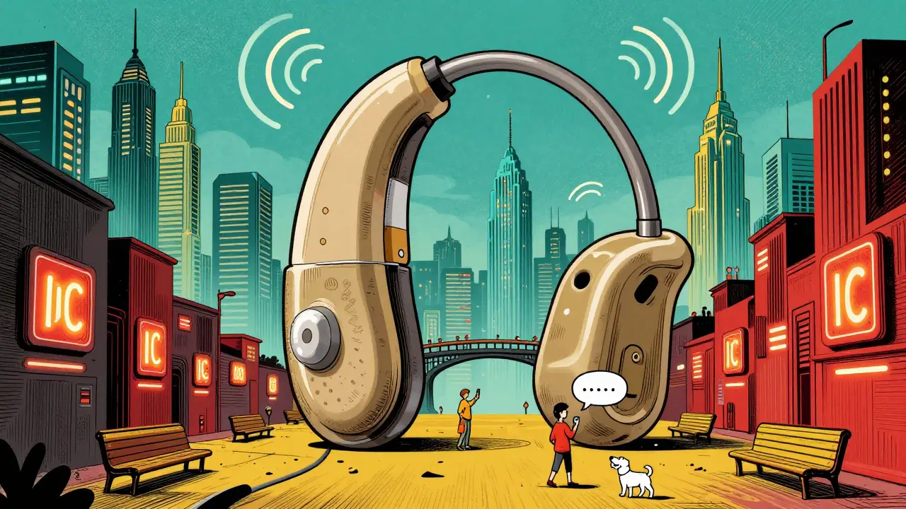 A cityscape built from hearing aids with Auracast waves and users walking below in vibrant colors.