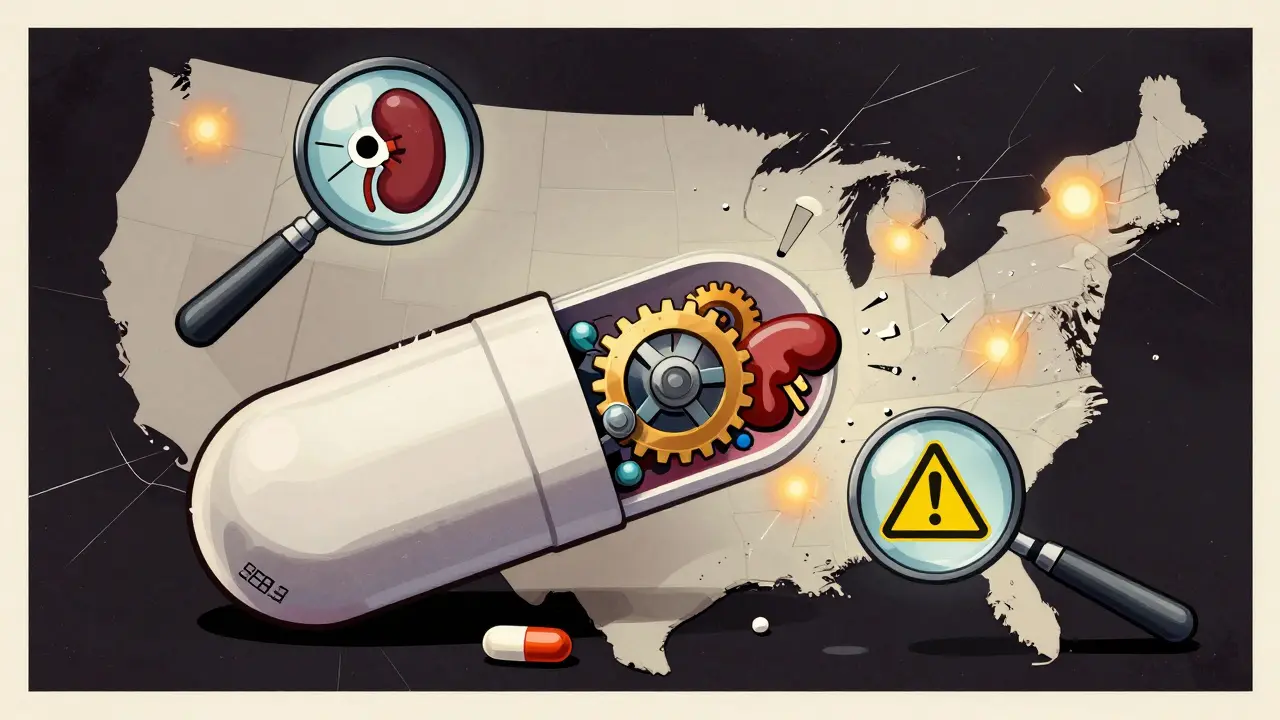 A dissolving generic pill revealing complex internal mechanisms, surrounded by magnifying glasses exposing hidden risks.