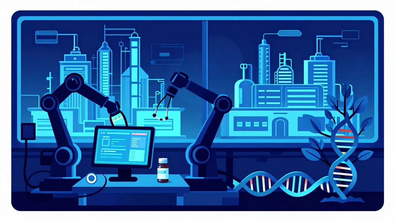 A futuristic biosimilar factory with robotic arms and dual production sites, symbolizing reliability in medicine through abstract design.