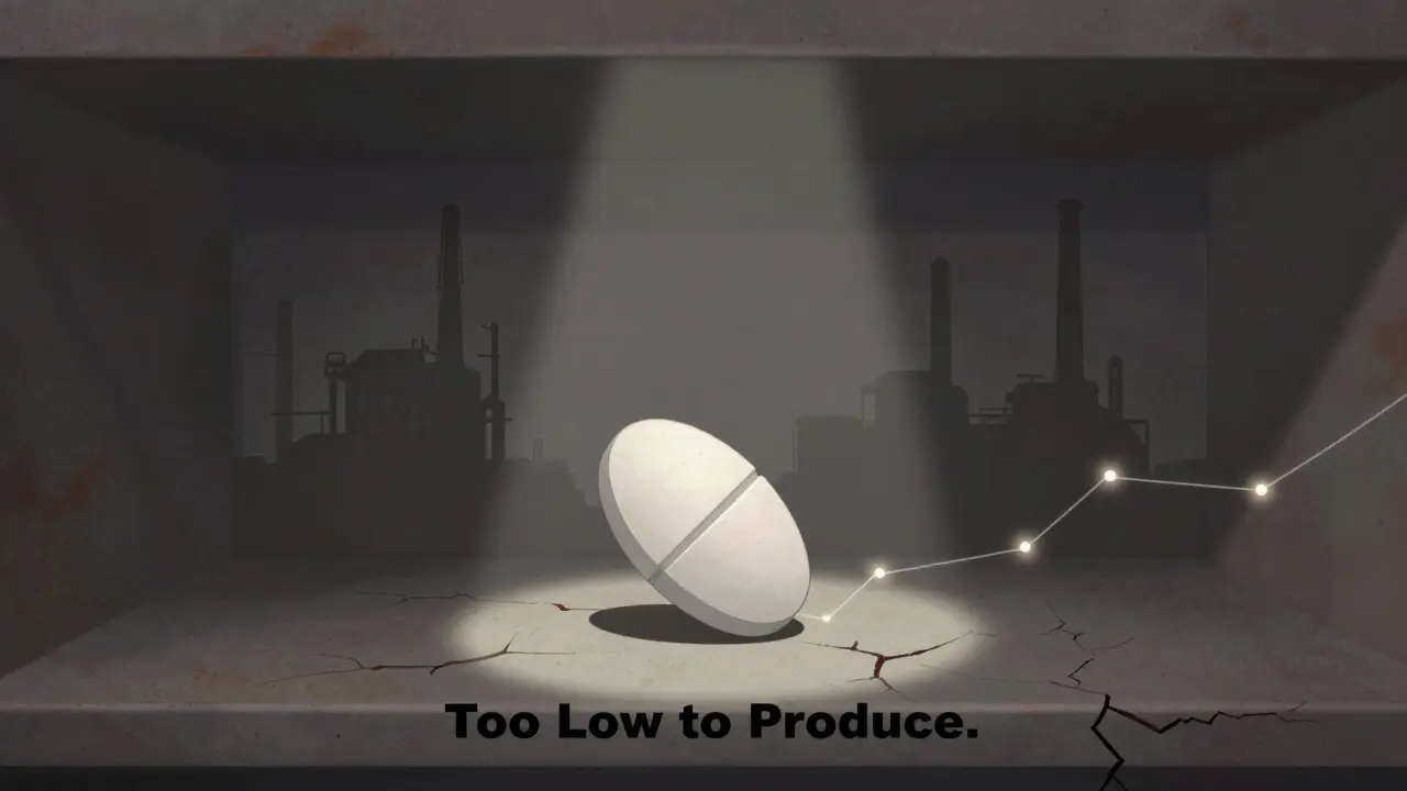 A lone generic pill on an empty shelf, factories fading away in the background.