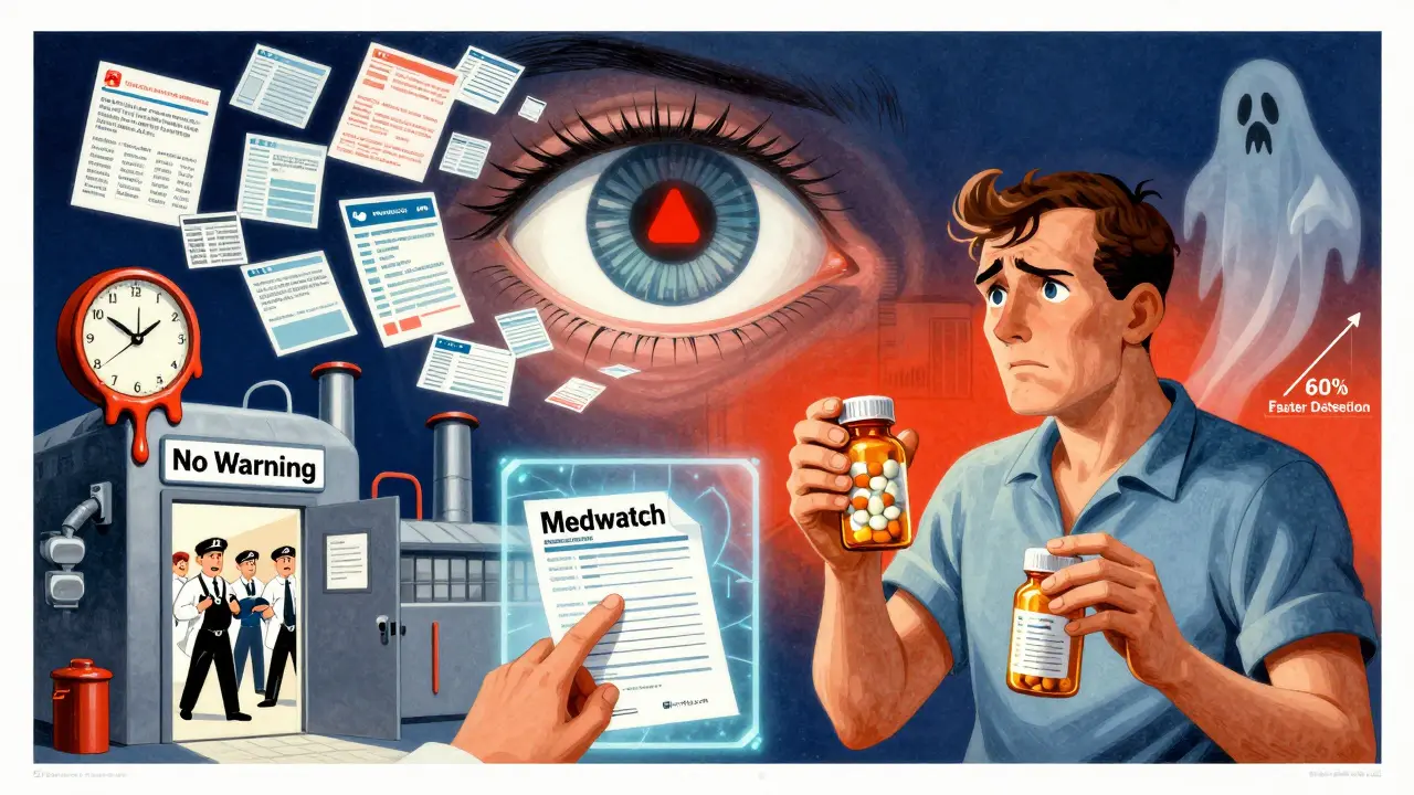 A patient holding a pill as an AI eye scans health data, with FDA inspectors entering a factory and a MedWatch form glowing.