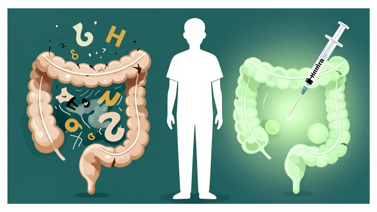 A patient standing between a chaotic, damaged gut and a healed, glowing intestine, symbolizing biologic therapy's impact.