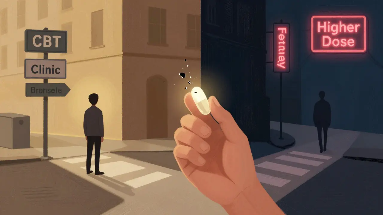 A person at a crossroads: one path to holistic care in light, the other to a dark alley with opioid dangers.