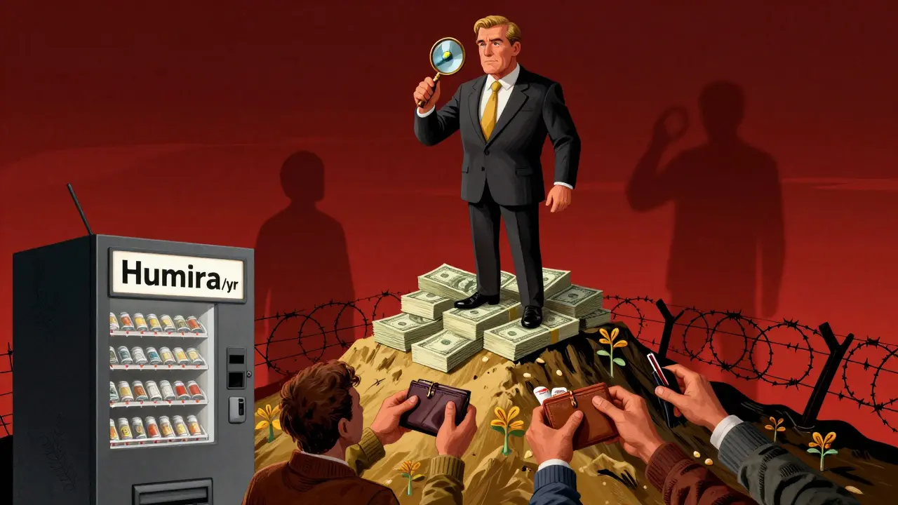 A pharmaceutical executive on a cash mountain, patients paying a vending machine for Humira, with patent seeds growing into barbed wire.