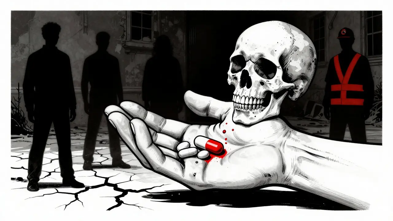 A pill turning into a skull, representing fentanyl-laced drugs and the overdose crisis.