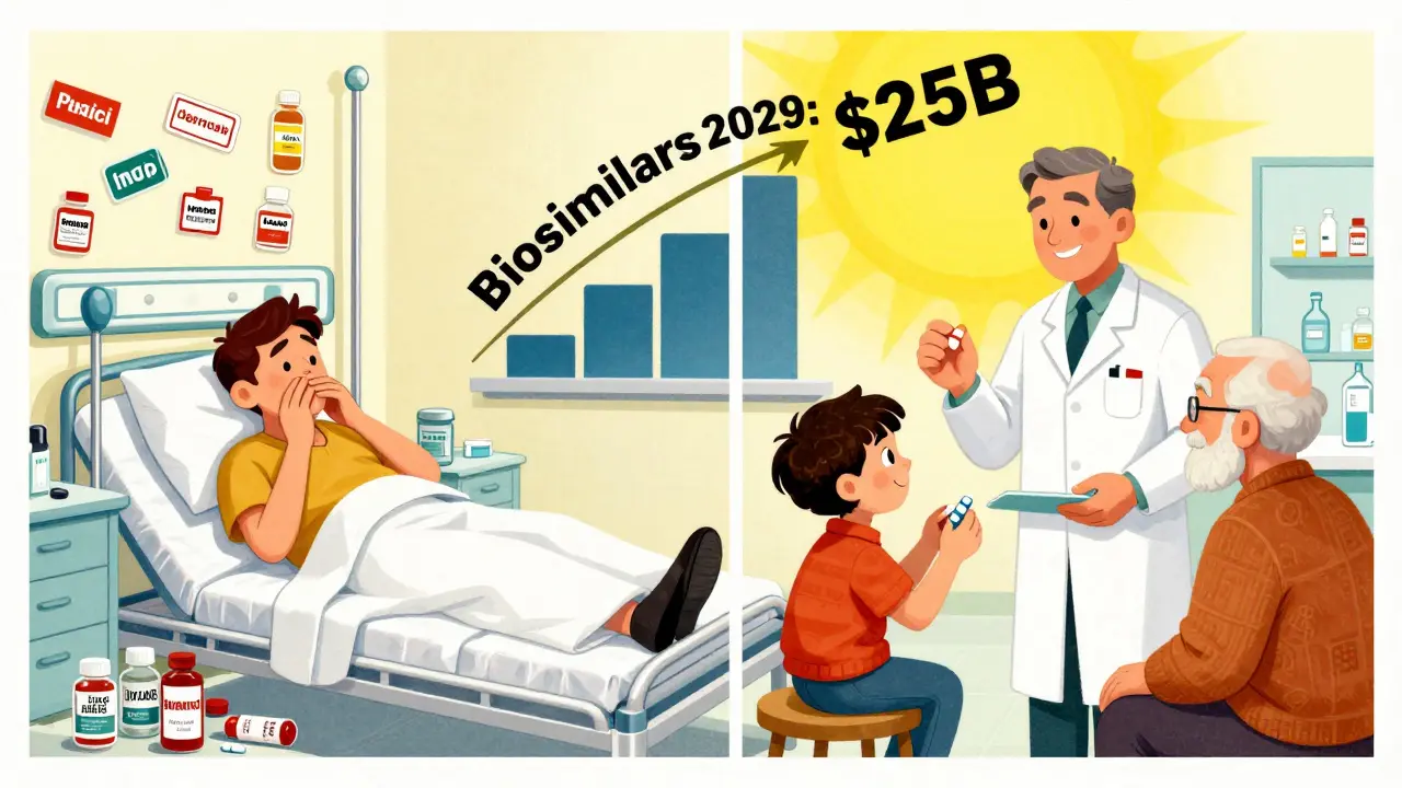A split scene: a costly hospital versus a bright clinic where generics are handed to a child and elder, with a rising biosimilars graph above.
