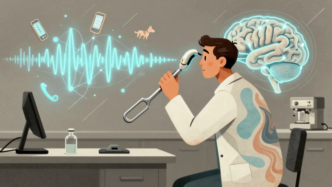 An audiologist calibrating a glowing hearing aid while a brain processes sound with floating icons.