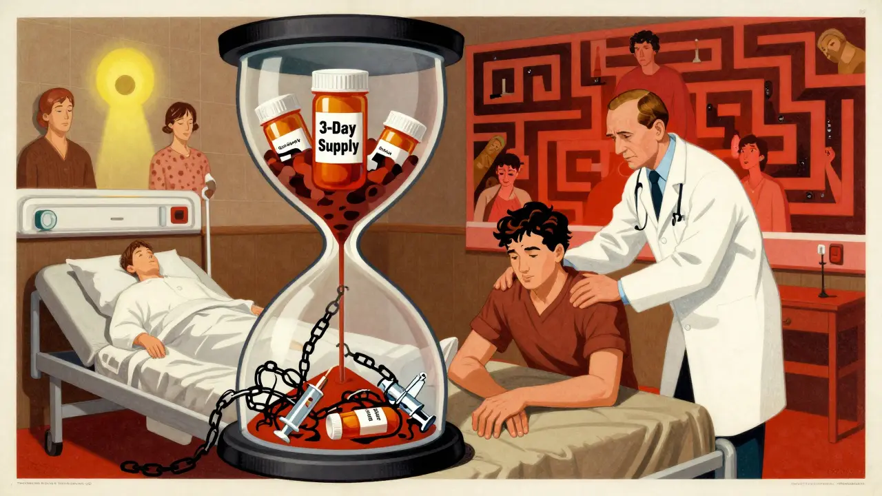 An hourglass filled with pills draining into chains and falling figures, with a doctor comforting a patient nearby.