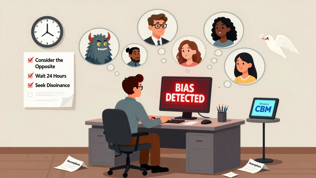 An office worker confronted by floating biased thought bubbles, with a digital bias alert and recovery checklist falling from above.