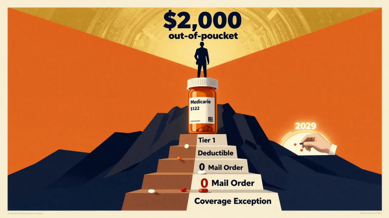 Beneficiary climbing a staircase of affordable generics under a golden ,000 cap, with 2029 price negotiation in distance.