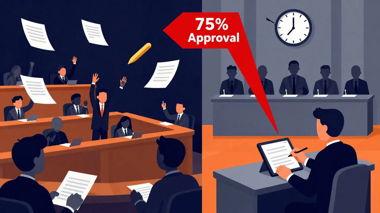 Contrasting chaotic Senate floor with orderly House amendment process using bold geometric splits and symbolic colors.