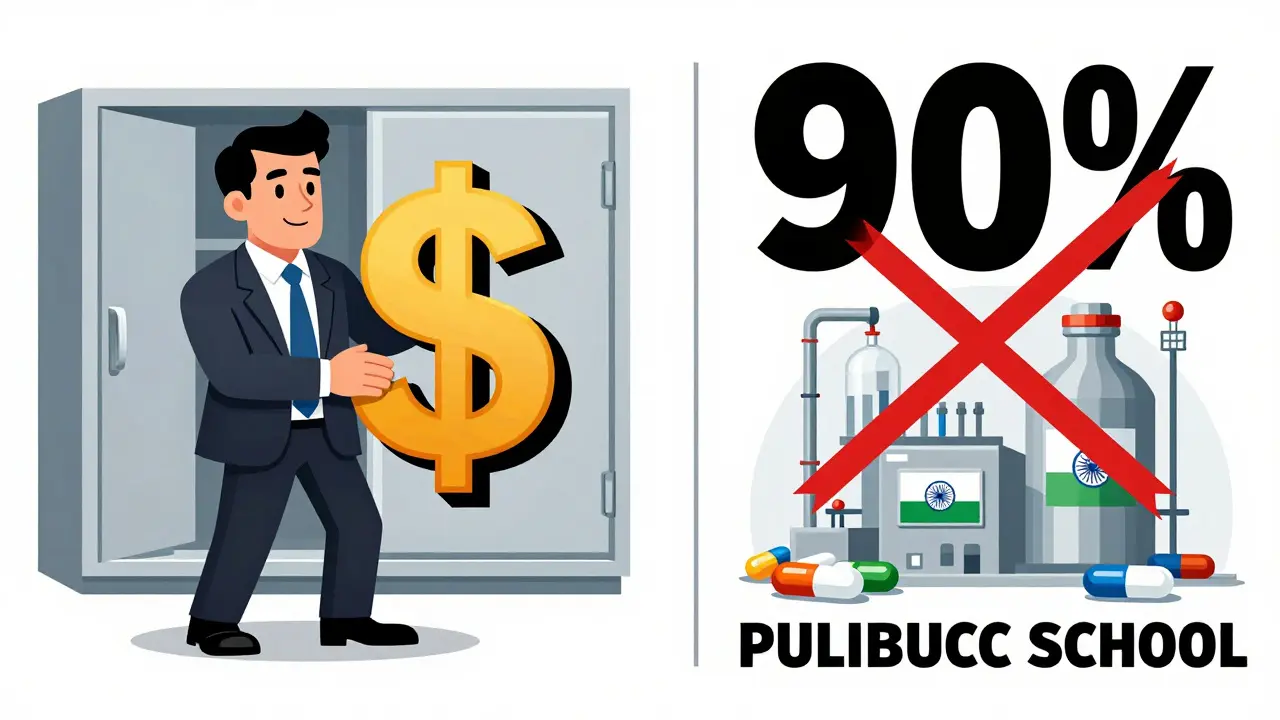 Corporate profit vs. generic medicine production in a stylized split-panel image.