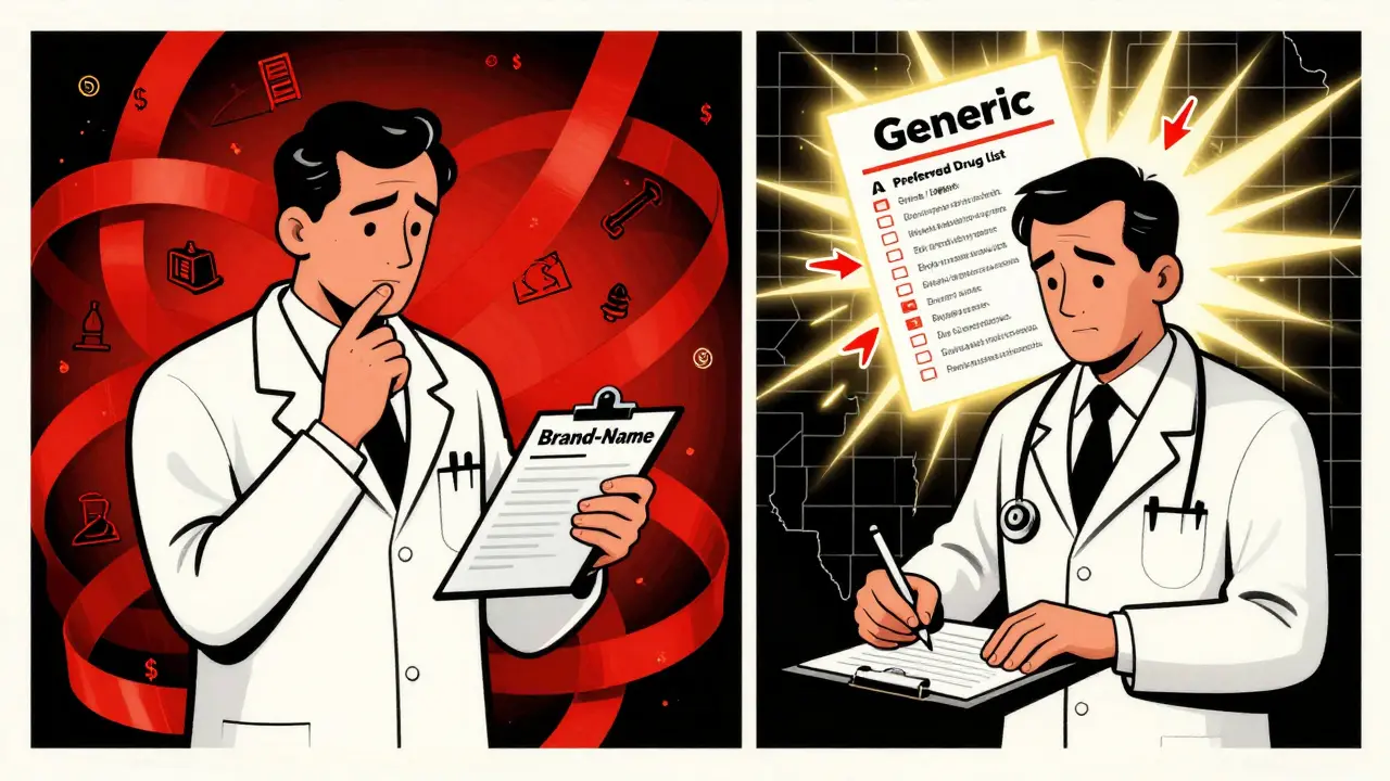 Doctor chooses generic prescription as Preferred Drug List glows above, contrasting with bureaucratic chaos