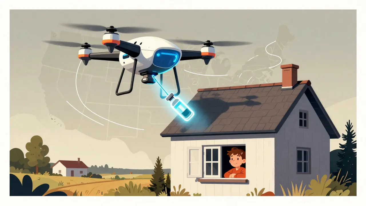 Drone delivering insulin to a rural home, patient smiling from window.